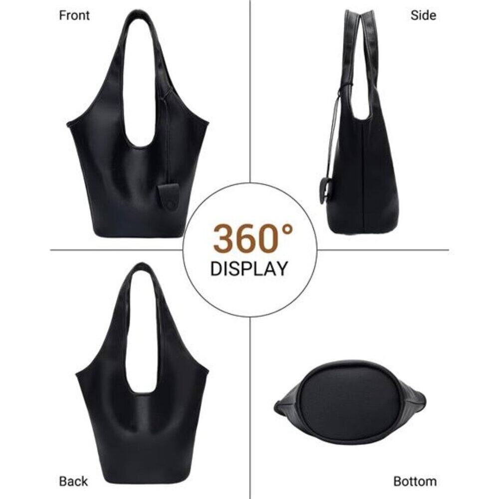Women Slouchy Hobo Bag 2PCS Black Vegan Leather Large Capacity Shoulder Tote Bag - Picture 4 of 8